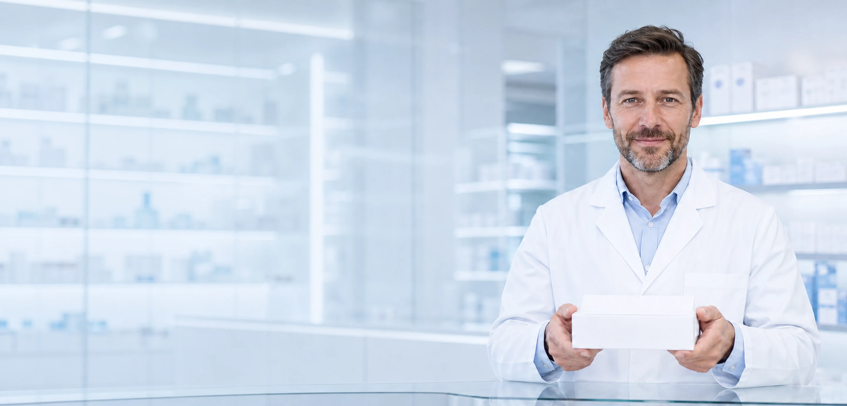 Apotheker beim diskreten Überreichen einer neutralen Medikamentensendung